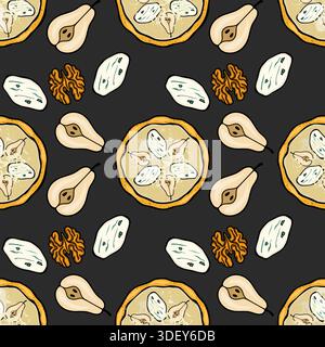 Whimsical vector pattern of  gourmet pizza, pear slices, walnuts, and cheese elements on a dark background Stock Vector