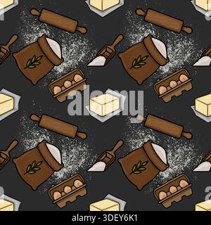 Whimsical baking ingredients vector pattern with flour, eggs, butter, and rolling pins Stock Vector