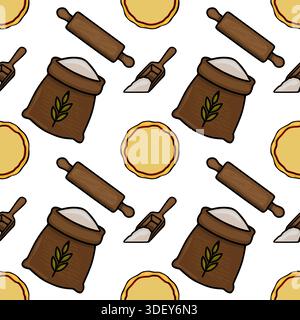 Whimsical vector pattern of pizza dough, flour sacks, and rolling pins for baking Stock Vector