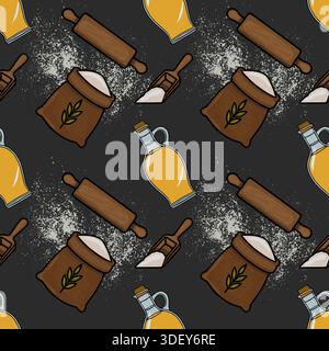 Seamless vector pattern of baking ingredients, including rolling pins, flour bags, oil bottles, and scoops of flour, on a dark textured background. Stock Vector