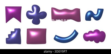 3d metallic doodle vector shapes. Trendy render chrome decoration elements Stock Vector