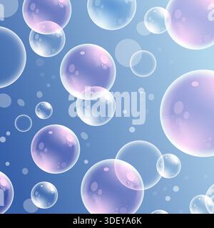 Abstract purple bubbles background. Transparent realistic soap bubble Stock Vector