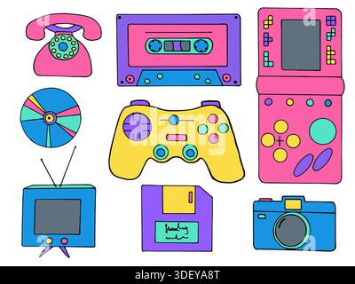 Cute doodle retro tech gadgets and devices set. Vintage digital illustration in 90s style Stock Vector