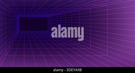 3d violet wireframe grid room. Perspective laser cyberspace Stock Vector