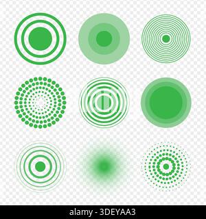 Green sound wave set. Circle target signal collection Stock Vector