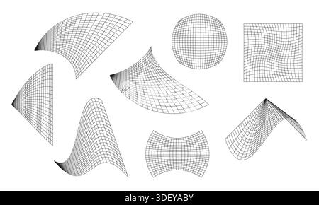 Distorted checkered grid collection. Line warped shapes Stock Vector