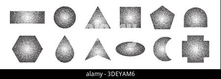 Dotted halftone geometric shapes set. Sand effect stipple dotwork Stock Vector