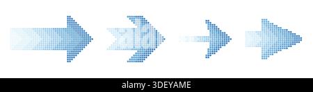 Halftone pixel blue arrow set. Colorful pixel gradient cursor design collection Stock Vector