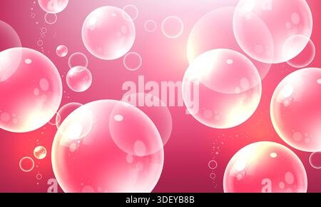 Abstract pink bubbles background. Transparent realistic soap bubble Stock Vector