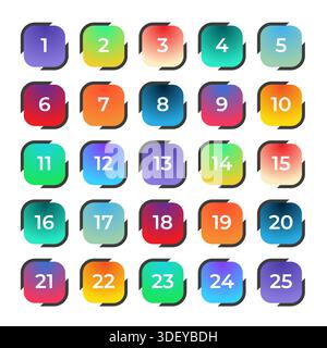 Number bullet points 1 to 25. Trendy gradient markers vector set Stock Vector