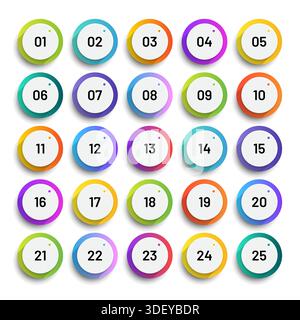 Number bullet points 1 to 25. Trendy gradient markers vector set Stock Vector