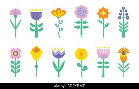 Geometric flower set. Modern trendy spring and summer art Stock Vector