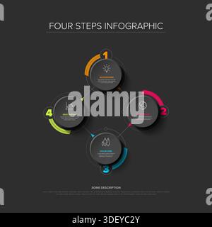 A dark background infographic with four steps, showcasing a minimalist design. Infographic visualizes a cyclic process or timeline with four steps, de Stock Vector