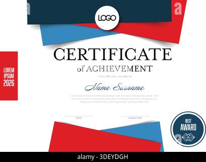 Certificate of achievement template with a striking geometric design in red and blue. Certificate template perfect for recognizing achievements and pr Stock Vector
