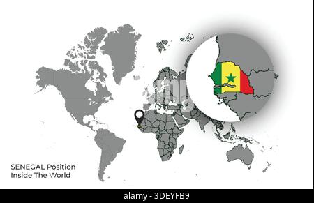 SENEGAL Position Inside the World with Flag in Map Stock Vector