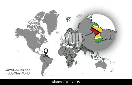 GUYANA Position Inside the World with Flag in Map Stock Vector