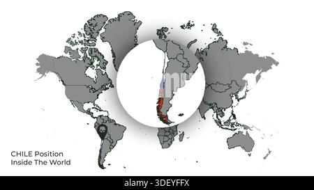 CHILE Position Inside the World with Flag in Map Stock Vector