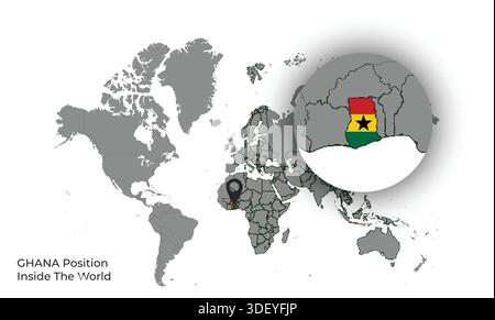 GHANA Position Inside the World with Flag in Map Stock Vector