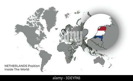 NETHERLANDS Position Inside the World with Flag in Map Stock Vector