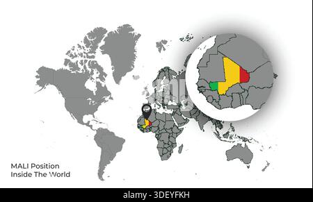 MALI Position Inside the World with Flag in Map Stock Vector