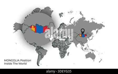MONGOLIA Position Inside the World with Flag in Map Stock Vector