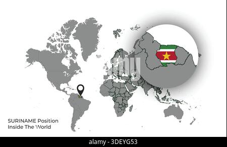SURINAME Position Inside the World with Flag in Map Stock Vector