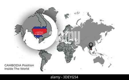 CAMBODIA Position Inside the World with Flag in Map Stock Vector