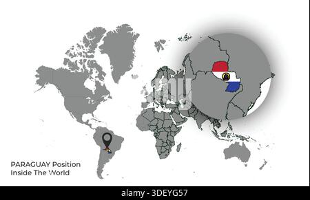 PARAGUAY Position Inside the World with Flag in Map Stock Vector