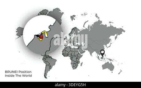 BRUNEI Position Inside the World with Flag in Map Stock Vector