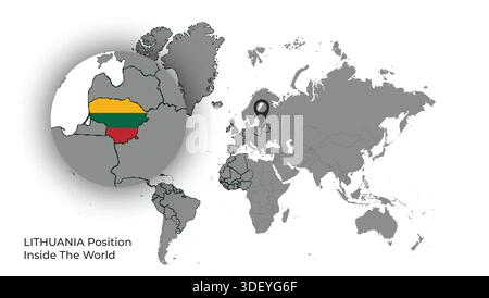 LITHUANIA Position Inside the World with Flag in Map Stock Vector