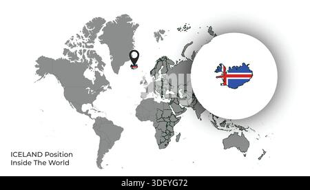 ICELAND Position Inside the World with Flag in Map Stock Vector