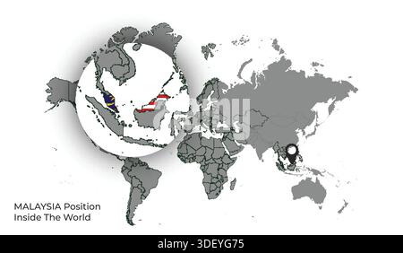 MALAYSIA Position Inside the World with Flag in Map Stock Vector
