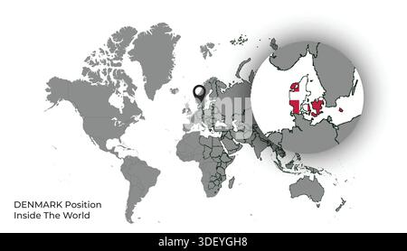 DENMARK Position Inside the World with Flag in Map Stock Vector