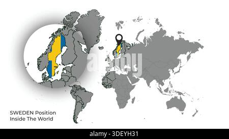 SWEDEN Position Inside the World with Flag in Map Stock Vector