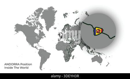 ANDORRA Position Inside the World with Flag in Map Stock Vector