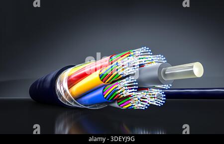 Fiber optic cable exploding colorful data connections 3d Stock Photo