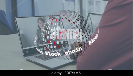 Displaying blockchain globe overlaying laptop at office, showing presenter in blazer and maroon top Stock Photo