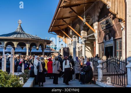 The Mevlana Museum (Mevlânâ Müzesi) in Konya's Karatay district, Turkey, is the mausoleum of the Sufi mystic Rumi (1207–1273), with an adjoining mosque and former dervish lodge. The turquoise dome built over his grave in 1274 is considered a symbol of Konya. Stock Photo