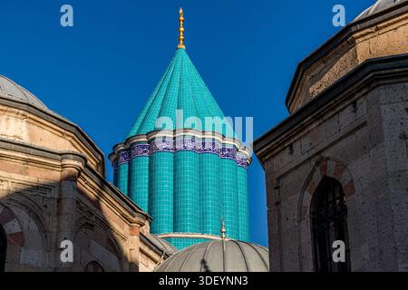 The Mevlana Museum (Mevlânâ Müzesi) in Konya's Karatay district, Turkey, presents the turquoise dome above Rumi's grave. The museum is the mausoleum of the Sufi mystic Rumi (1207–1273), with an adjoining mosque and former dervish lodge; the dome, built in 1274, is considered a symbol of Konya. Stock Photo
