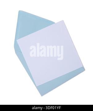 Blue envelope containing a blank white card for your customizable message. Top view, isolated on a white background. Stock Photo