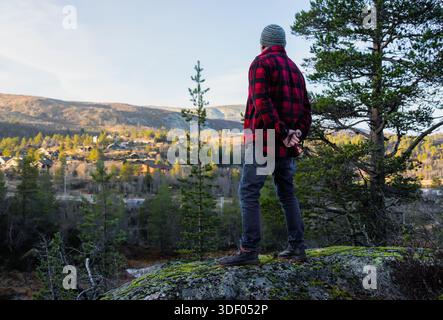 Man in a red plaid shirt stands on a rock, looking out over a beautiful landscape filled with trees and mountains, capturing the essence of outdoor ad Stock Photo