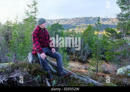 Male figure in red plaid shirt and gray beanie sits on log in lush forest, surrounded by trees and mountains, capturing the essence of outdoor relaxat Stock Photo