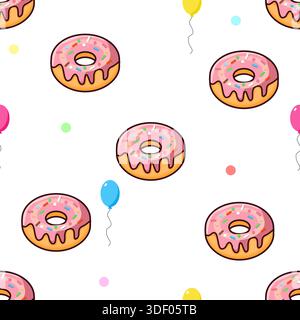 Cute seamless vector pattern of pink glazed donuts with sprinkles and colorful balloons on white. Ideal for party decorations, bakery packaging, birth Stock Vector