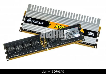 Two types of old computer RAM memory modules, with DDR2 and PC2 forms Stock Photo