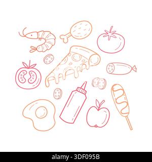 Cute hand drawn food set with pizza shrimp chicken tomato egg apple sausage and sauce in simple doodle style Stock Vector