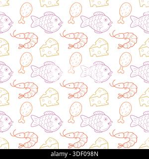 Hand drawn seamless food pattern with fish shrimp cheese and meat icons. Stock Vector