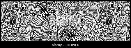 Panoramic tropical floral vector pattern. Detailed black and white illustration featuring hibiscus, plumeria, and monstera leaves. Decorative design Stock Vector