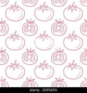 Seamless Hand Drawn Tomato Pattern with Outline Vegetable Illustration Stock Vector