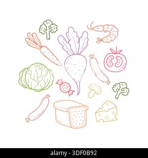 Hand Drawn Food Outline Icon Set with Vegetables Seafood and Bakery Illustration Stock Vector