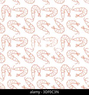 Seamless Hand Drawn Shrimp Pattern with Seafood Outline Illustration Stock Vector